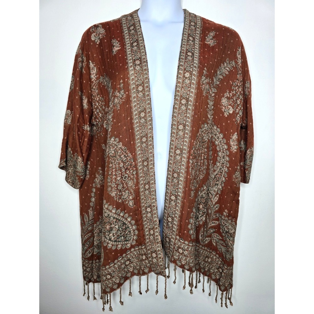 Soft Surroundings Kimono Cardigan Women's L/XL Brown Floral Bohemian Fringe Open